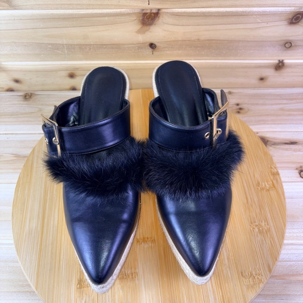Espadrille Wedge Heels Womens 9 Black Faux Leather Pointed Toe Faux Fur Sandals - Picture 6 of 12